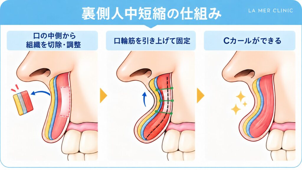 裏側人中短縮の仕組み 口輪筋と内部組織の調整・固定